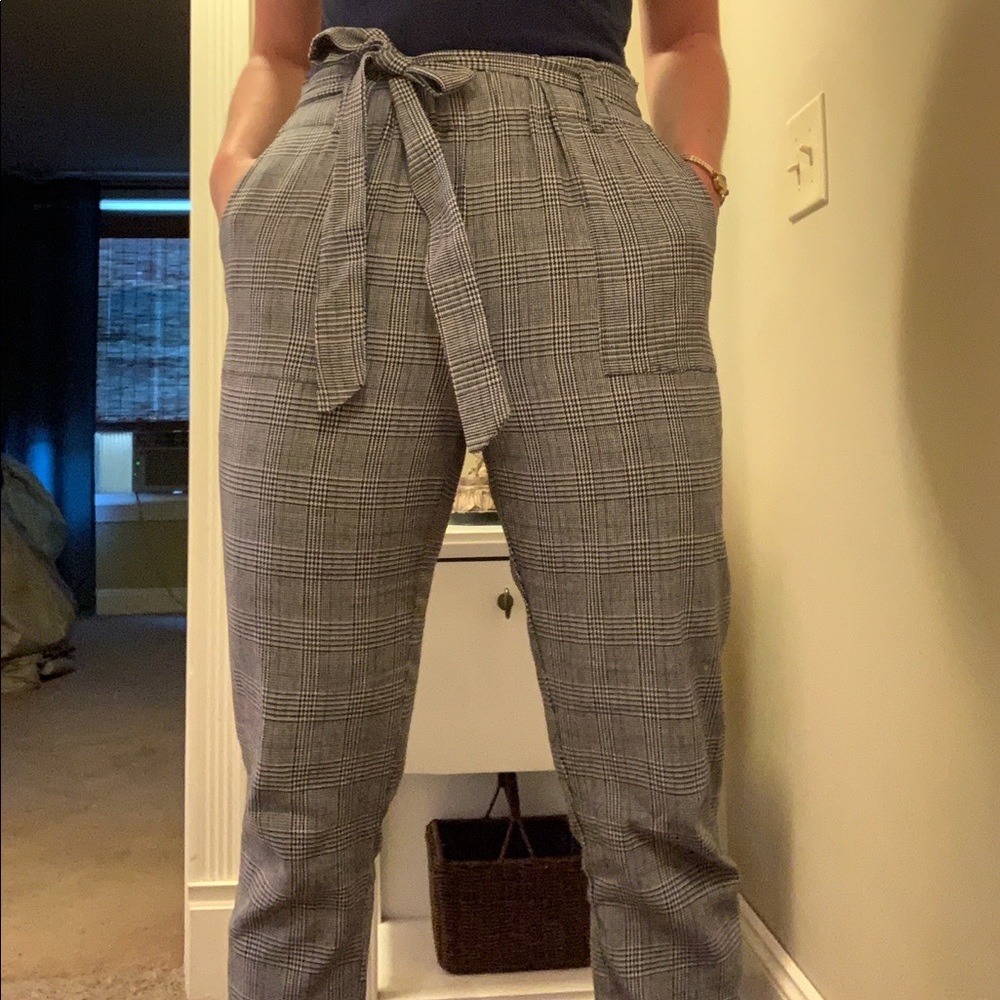Plaid pants with tie belt